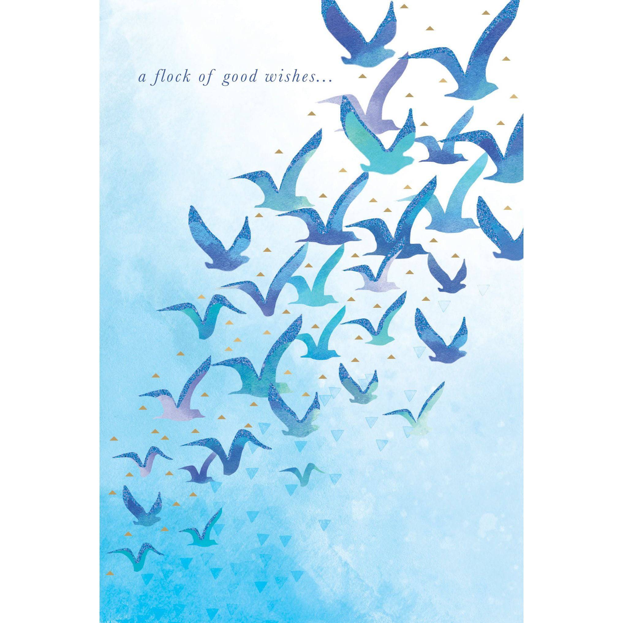 Flock of Birds birthday card from Pictura featuring colorful illustrated birds on a white background.